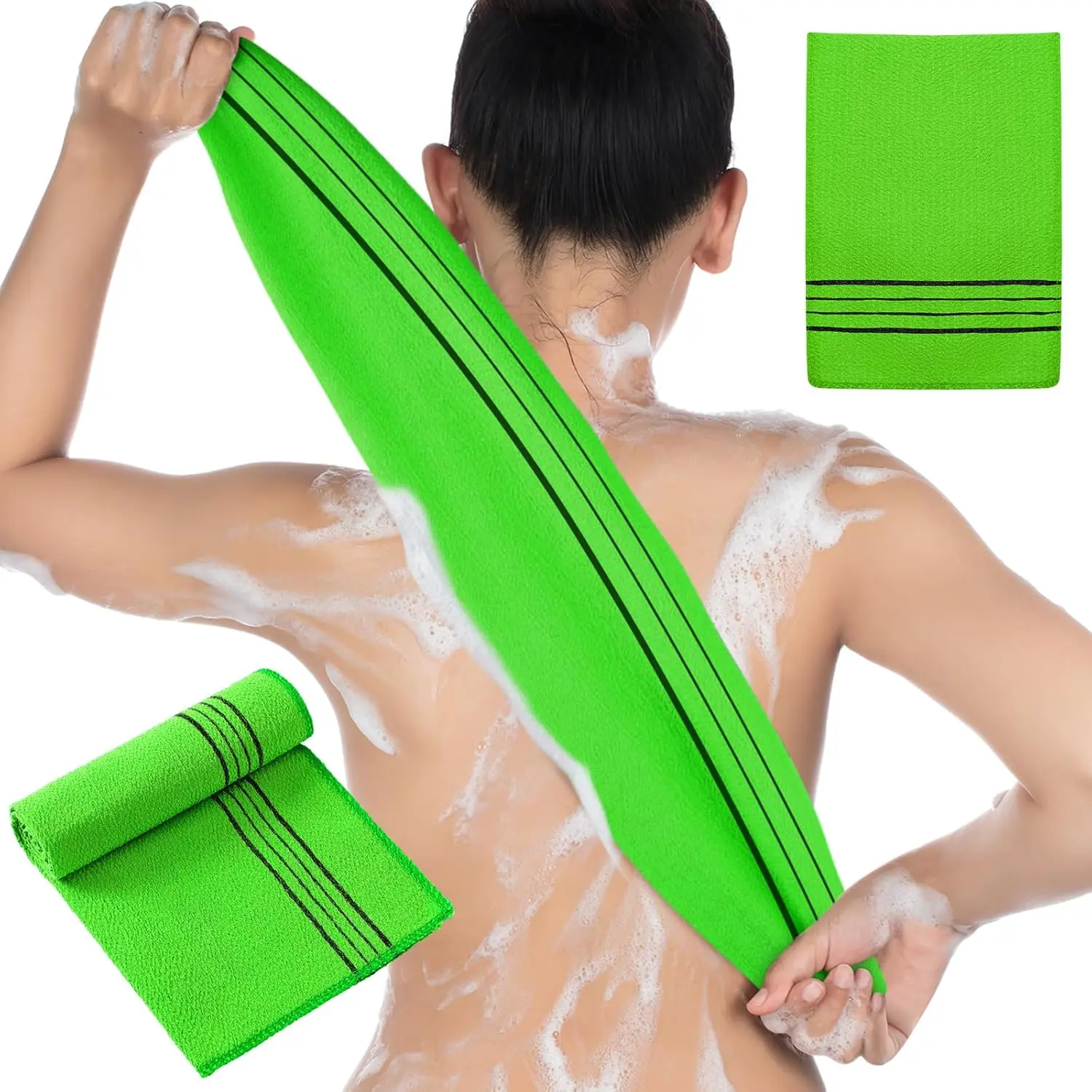 2 count Korean  Washcloth and Mitts Set Long    Towel Scrub Mitt Wash Cloth Scrubber for Women Men Shower  Removing Dry  (Green)
