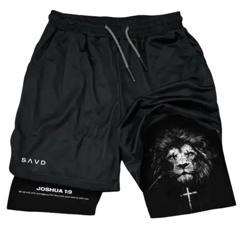 Joshua 1:9 Lion Performance Shorts Summer Double Layer Beach Pants Fitness Training Pant Sports