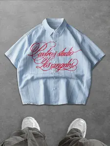 Men's Loose Fit Striped Shirt, Letter Print, Vintage Street Style, Breathable Fabric, Summer Casual Wear, Short Sleeve