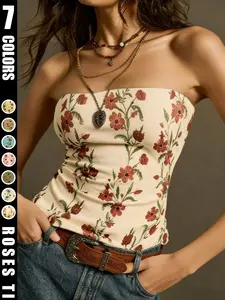 Women's Summer Floral Print Halter Top, Cotton Elastic Knit Strapless Fitted Short Shirt, Y2K Fairy Bohemian Casual Streetwear