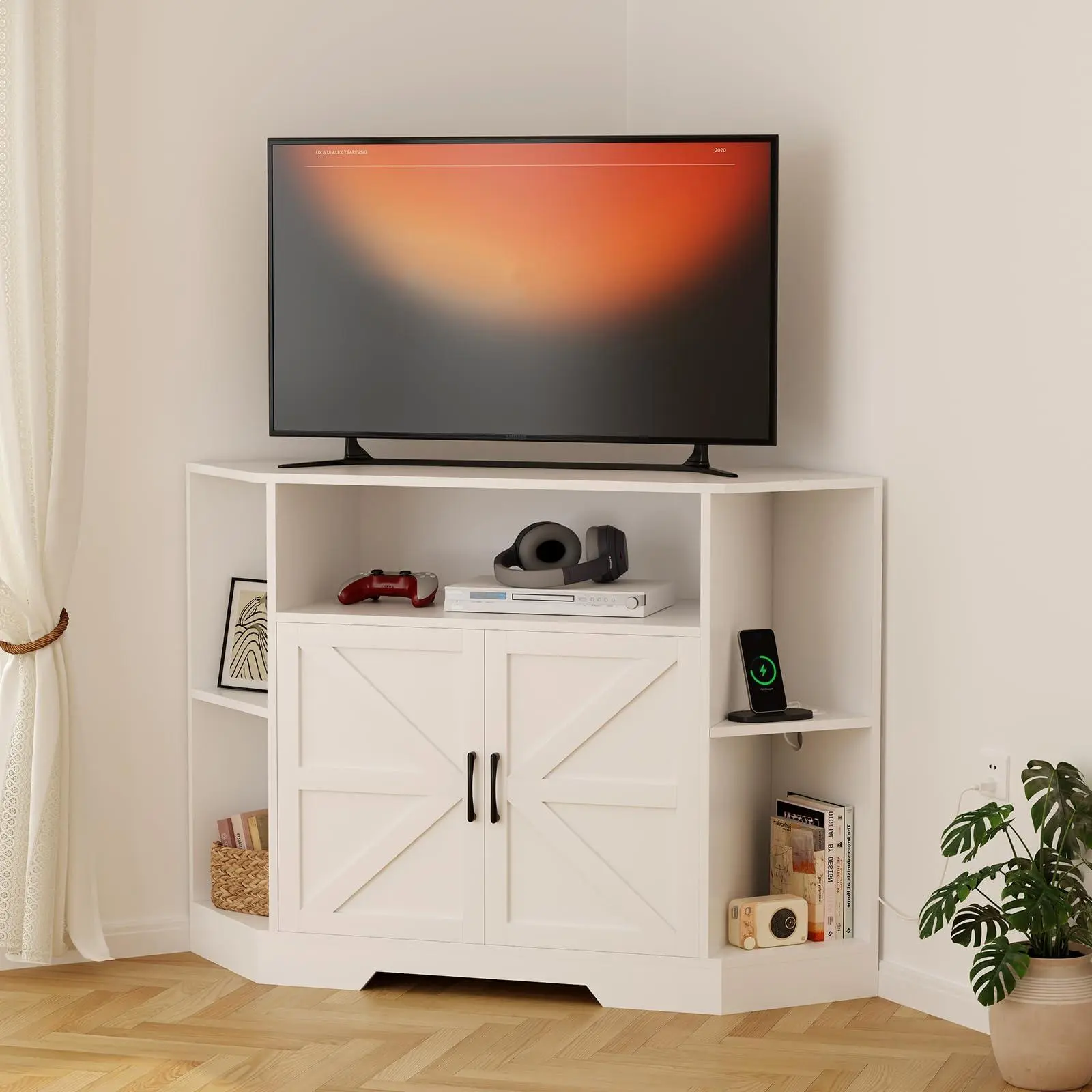Corner TV Stand with Power Outlet, Farmhouse Entertainment Center with Barn Door Storage Cabinet for Living Room Bedroom, TV Console for 55 Inch TVs, White