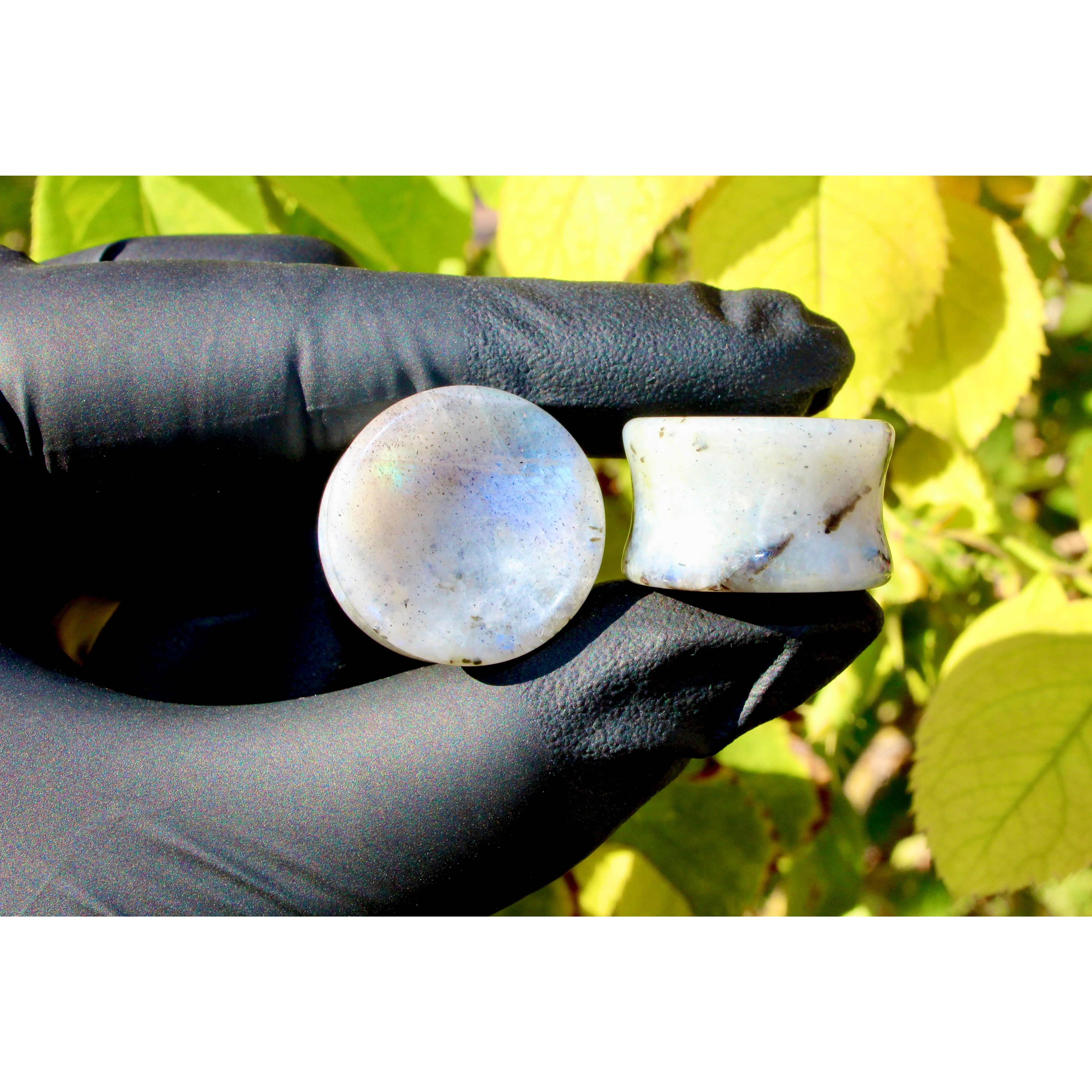 Iridescent Polished Moonstone Crystal Double Flare Plugs - 3mm-25mm Semiprecious Stone Gauges Jewelry Accessories, Calming Energy, Balance, Intuition, Compassion, Crown Chakra, Stone of New Beginnings