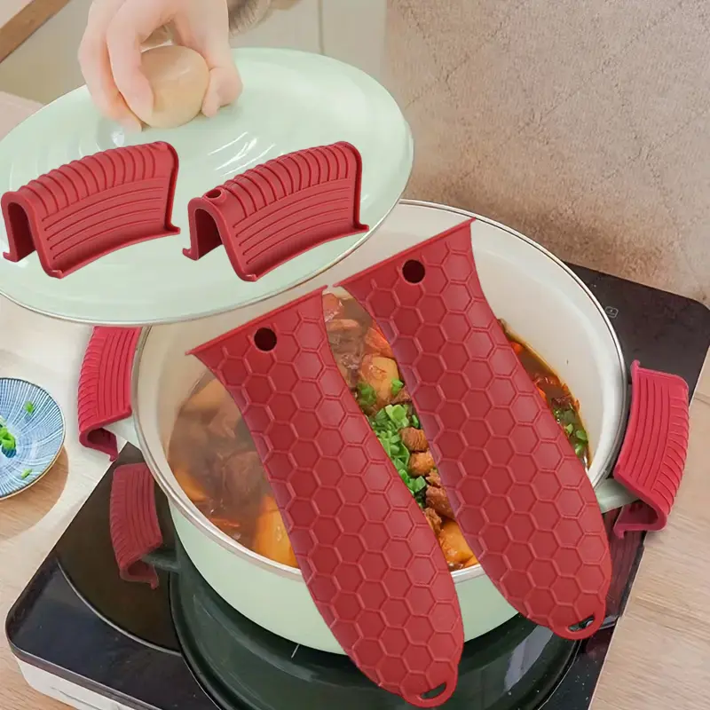 4-Pack Silicone Handle Holders - Heat-Resistant, Non-Slip Sleeves with 2 Silicone Assist Handle Grips, Prevents Slips, 3.94x1.57 Inches, Dishwasher Safe for Cast Iron Skillets, Durable Red Kitchen Accessories, Cast Iron Skillet