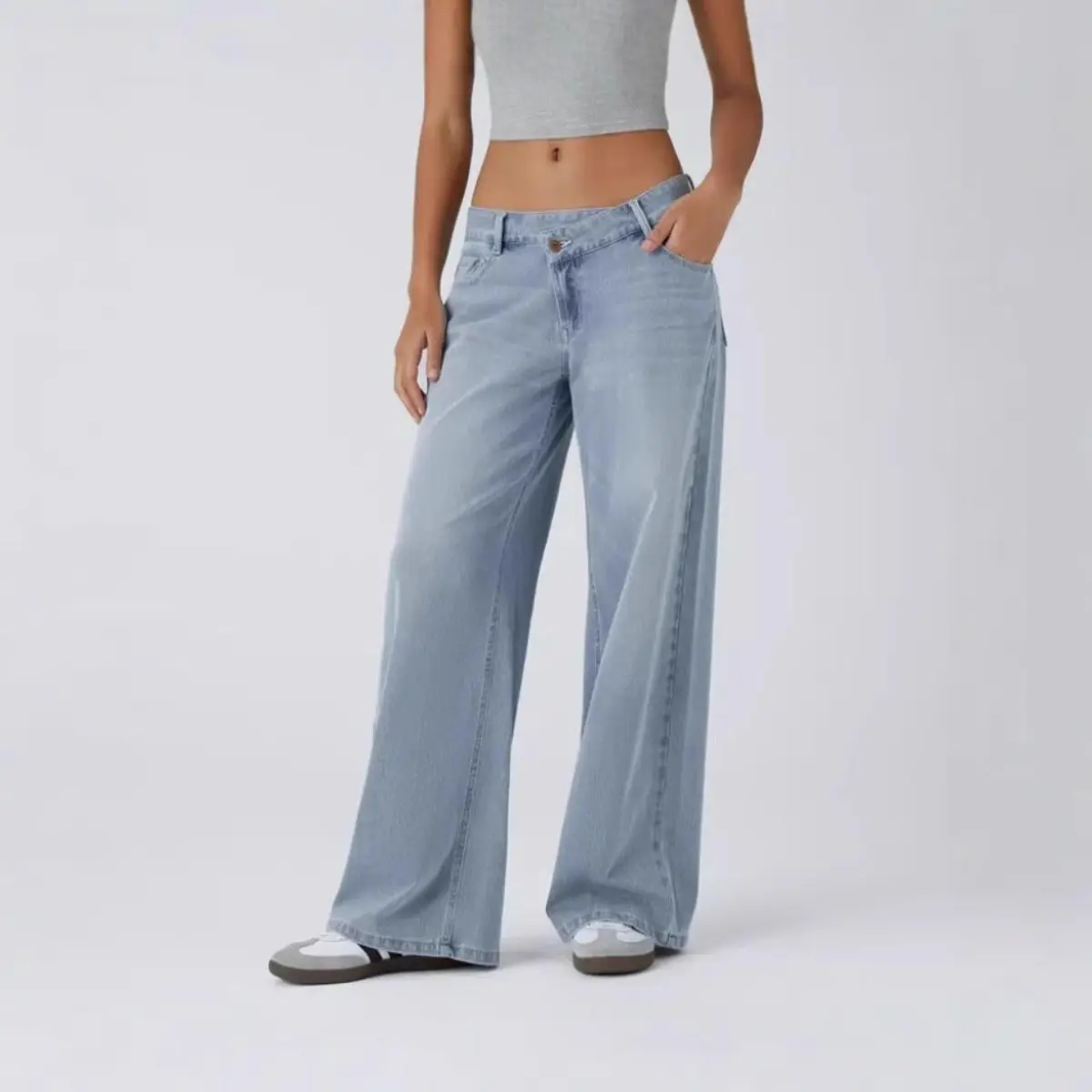 Flex Asymmetric Low Rise Zipper Pockets Baggy Wide Leg Washed Casual Jeans#SwimWeek.