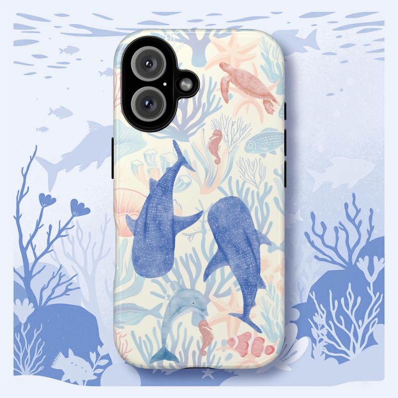 Whale Shark Coral Reef Tough Phone Case, Marine Life Cover, Sea Creatures, Dolphin, Turtle Applicable to iP15Promax ip14Pro mobile phone case 12 trendy brand 13 anti-fall cover 14Promax 15Pro cute Plus phonecase Accessories Acrylic casetify