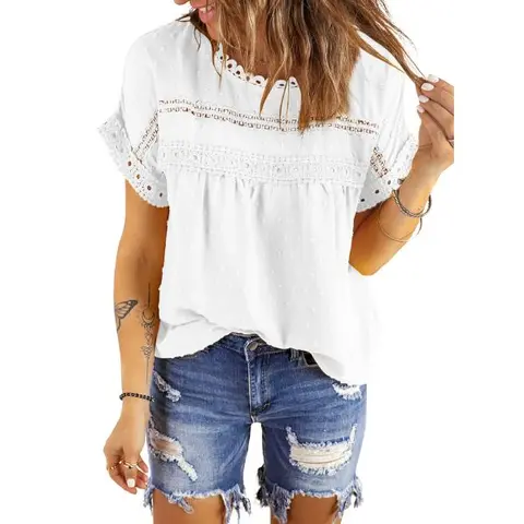 Dokotoo Womens Summer Tops Crewneck Lace Crochet Short Sleeve Shirts Casual Chiffon Blouses