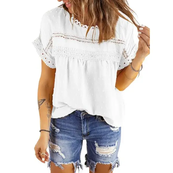 Dokotoo Womens Summer Tops Crewneck Lace Crochet Short Sleeve Shirts Casual Chiffon Blouses