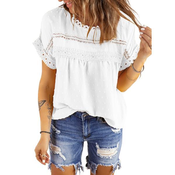 Dokotoo Womens Summer Tops Crewneck Lace Crochet Short Sleeve Shirts Casual Chiffon Blouses