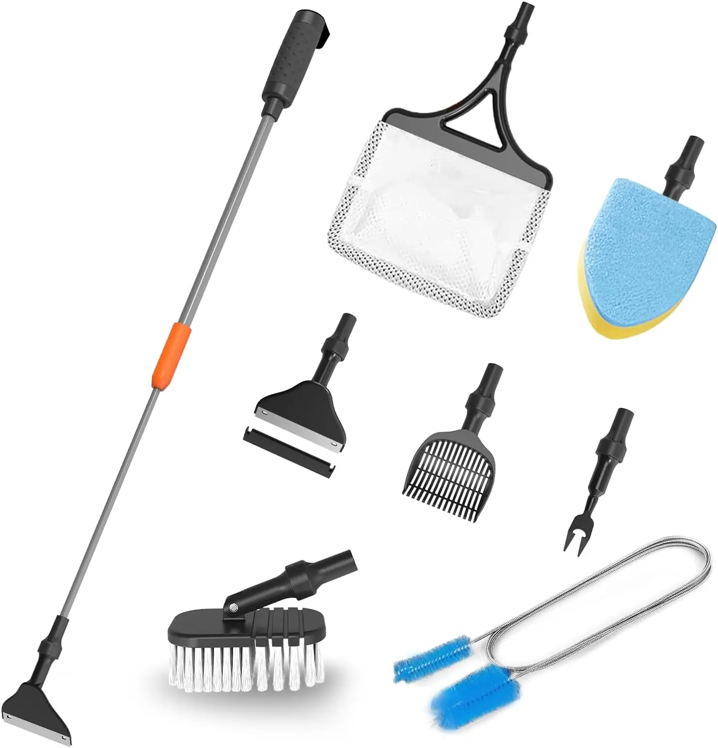 SEAOURA 7-in-1 Aquarium Cleaning Kit with Adjustable Angle Telescopic Carbon Fiber Handle - Glass/Acrylic Tank Brush, Algae Scraper, Plant Fork, Gravel Rake, Fish Net, Tube Brush; Durable for Aquarium Hobbyists