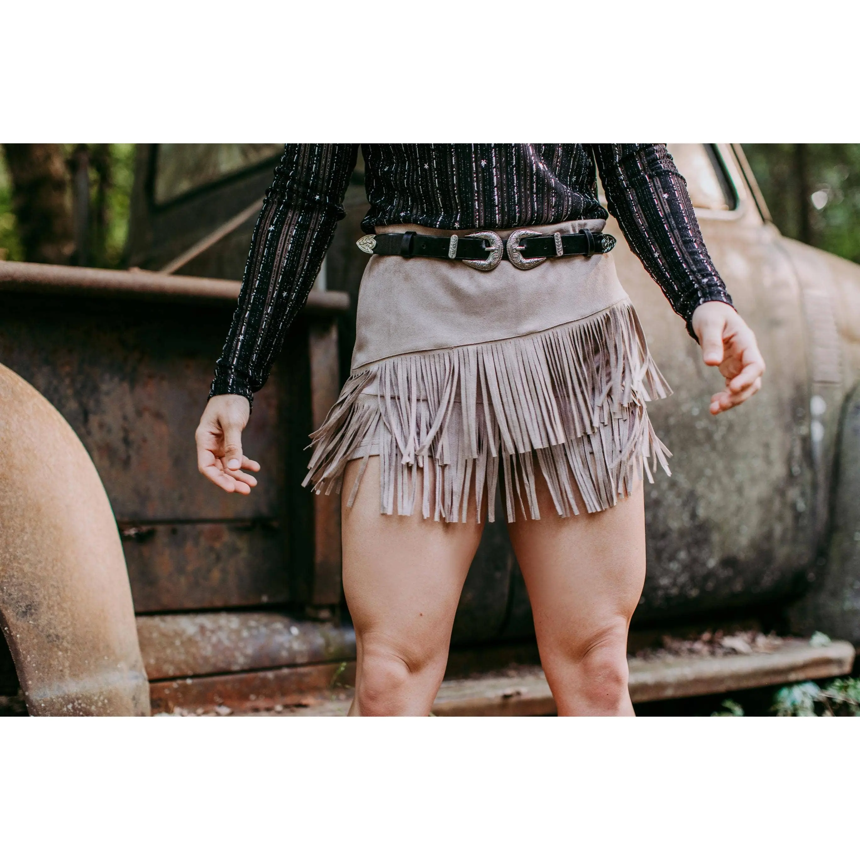 Western Suede Fringe Shorts with Sparkle Detail - Taupe
