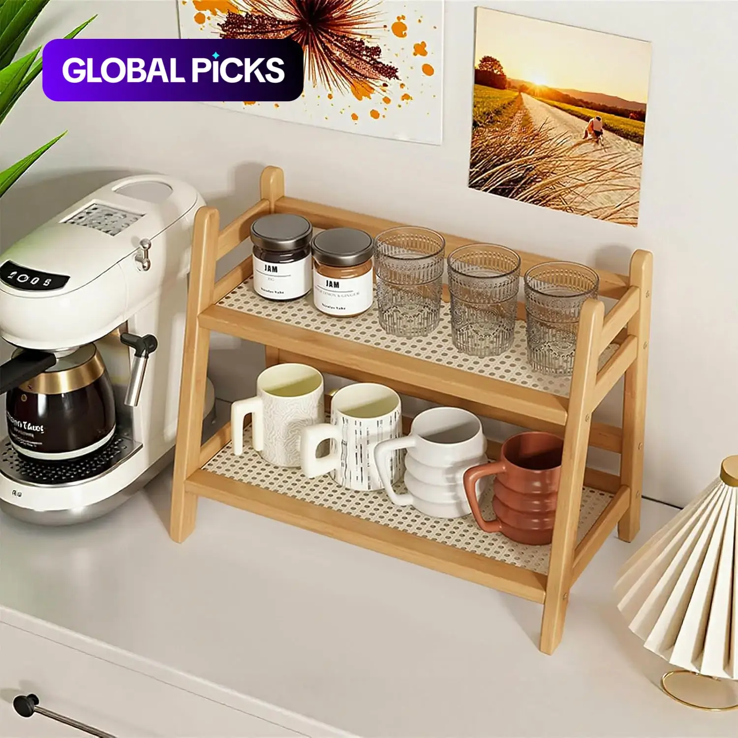 Wicker-Look Tea and Coffee Bar Station Organizer, Bamboo Mug Holder, Cup Holders and Matcha Stand, Cup Display Shelf and Condiment Storage Rack for Kitchen Counter, 2-Tier Beverage Organizer Display Riser # GLOBAL PICKS