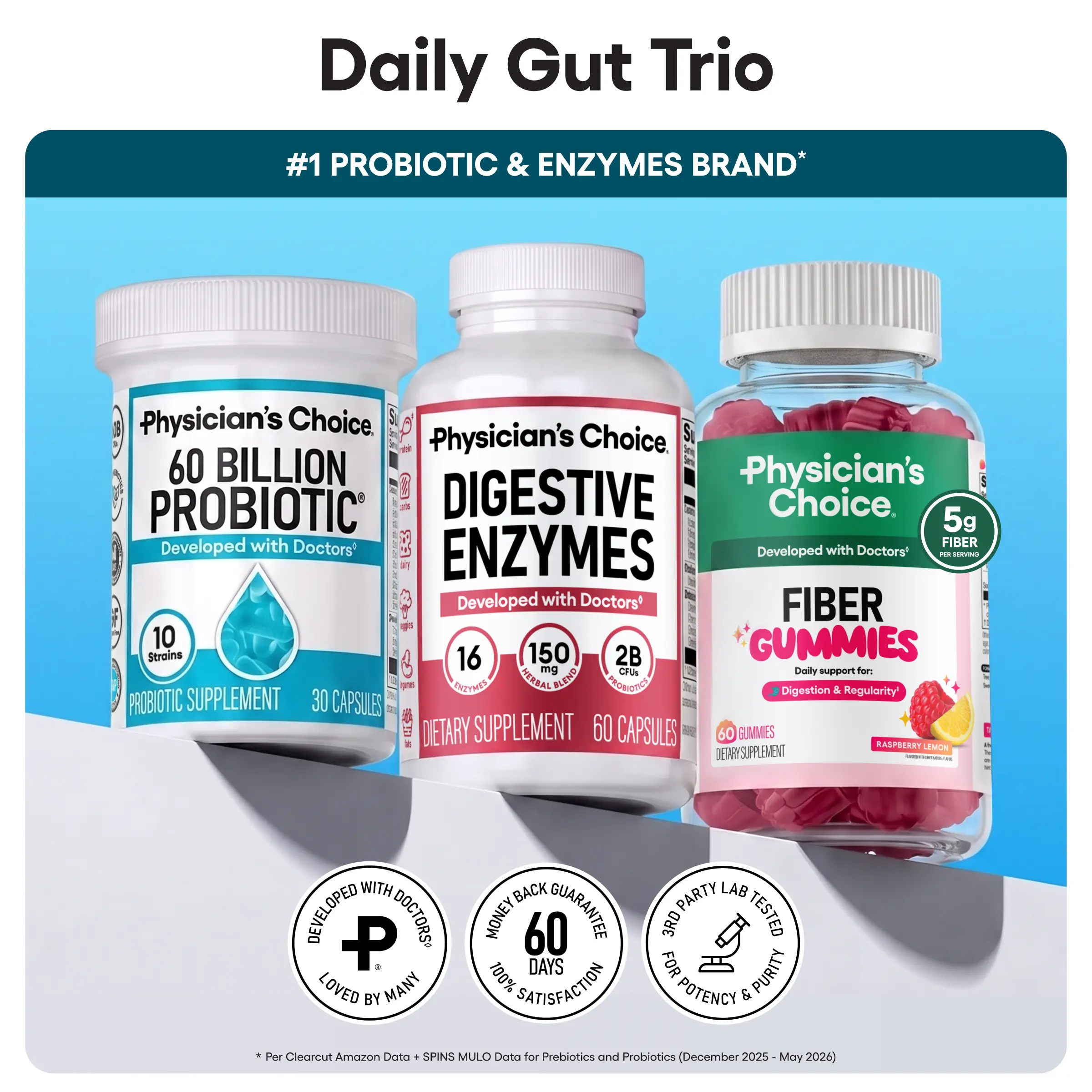 Physician's Choice Daily Gut Trio: Digestive Health, Regularity & Mealtime Support with Fiber Gummies + Digestive Enzymes + 60 Billion Probiotic