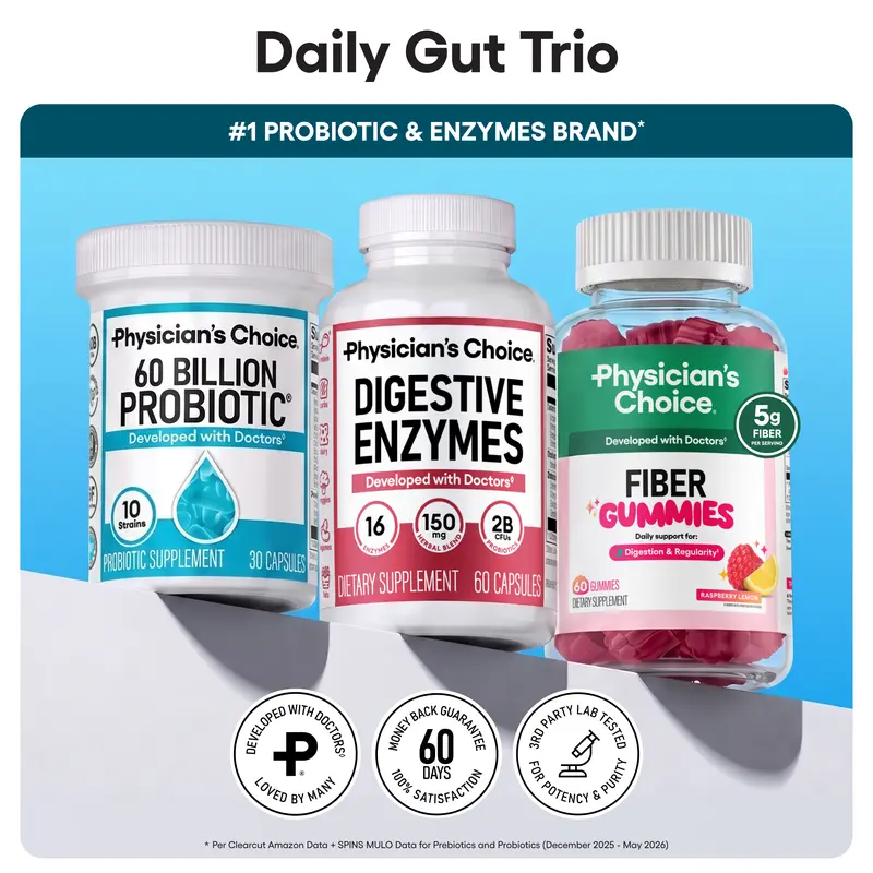 Physician's Choice Daily Gut Trio: Digestive Health, Regularity & Mealtime Support with Fiber Gummies + Digestive Enzymes + 60 Billion Probiotic