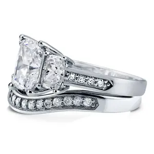 BERRICLE Sterling Silver 3-Stone Engagement Rings Statement Stackable Band for Women, 2.6 Carat Cushion Cut Cubic Zirconia CZ Ring Set