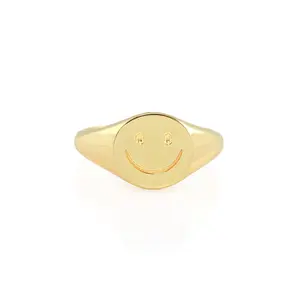 Happy Signet Ring - Gold Vermeil with Smiley Face Design, 18K Gold Plated, Simple & Cute Style, Available in Sizes 5-10, Classic Fashion Jewelry