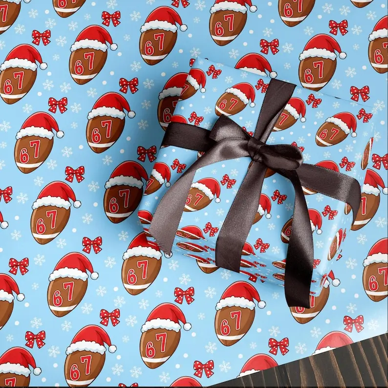 Funny 67 Christmas Wrapping Paper, Santa Meme Gift Wrap for Kids, Red and Green Holiday Gift Wrap Roll, Hilarious Christmas Gift Idea