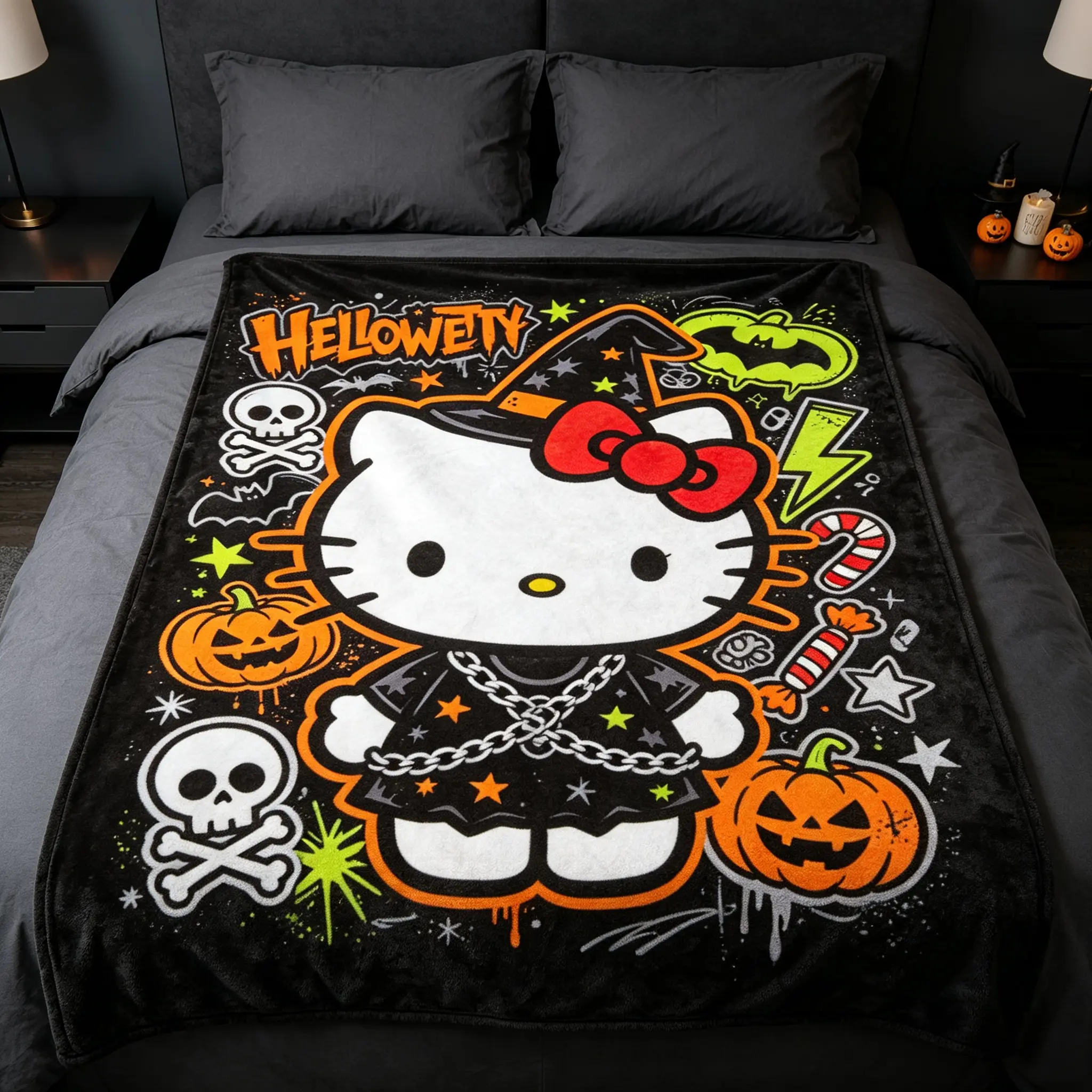Sanrio Hello Kitty Halloween Gothic Style Blanket, Four Sizes Soft Flannel Throw Blanket for Sofa Bedroom Halloween Decor Gift