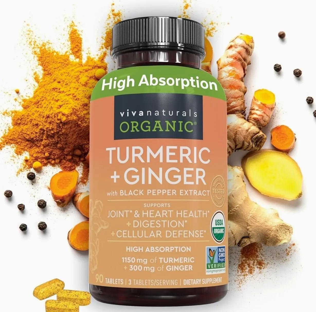 Turmeric and Ginger Supplement with Black Pepper for Better Absorption - Organic Turmeric Curcumin to Support Joint, Heart and Digestive Health, Non-GMO - 120 Tablets