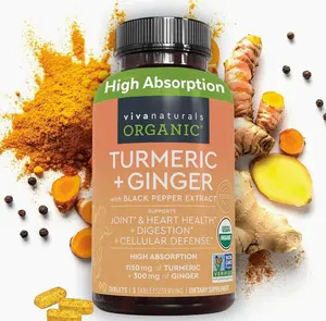 Turmeric and Ginger Supplement with Black Pepper for Better Absorption - Organic Turmeric Curcumin to Support Joint, Heart and Digestive Health, Non-GMO - 120 Tablets