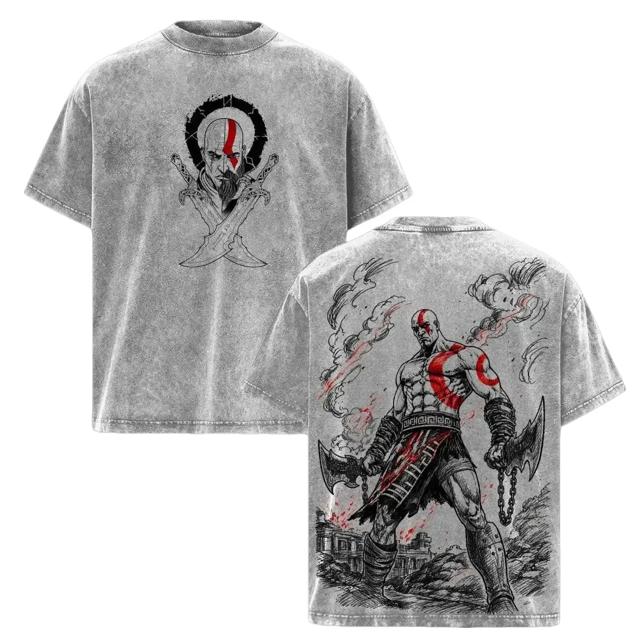 Kratos God of War Vintage Washed Oversized T-Shirt, Ghost of Sparta Blades of Chaos Graphic Tee, Heavyweight Cotton Mythology Gamer Streetwear, Retro PlayStation Action Game Shirt, Distressed Acid Wash Unisex Gaming Merch Gift 3PH
