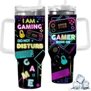 Gamer Stainless Steel Tumbler 40 Oz Insulated Travel Cup with Handle, Straw, Gaming Themed Design for Gamers, Men & Boys - Flasks, Drinkware