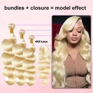 613 Bundles Human Hair 30 Inch Blonde Bundles Human Hair 100% Unprocessed 14A Grade Brazilian Virgin Raw Weave 3 4 Bundles Blonde Body Wave Human Hair Extensions for Women With 4x4 Closure