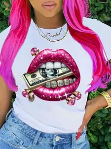 Plus Size - Plus Size - A Stylish Short-Sleeve T-Shirt Featuring a Print of Beautiful Lips, Diamonds, Gemstones, And Dollar Signs, Perfect for Casual Wear in Spring And Summer for Women