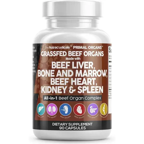 Clean Nutra Beef Liver, Bone and Marrow, Beef Heart, Kidney & Spleen Edible Capsules for Detox & Immunity - Primal Organs