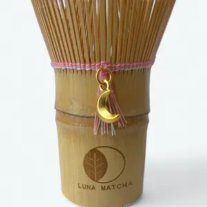 Bamboo Matcha Whisk with Pink String & Moon Charm – 100 Prongs