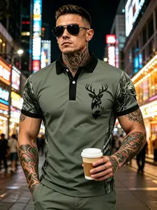 Men’s summer polo shirt with 3D digital print deer pattern; camouflage patchwork collared shirt for everyday use; versatile casual top for all seasons