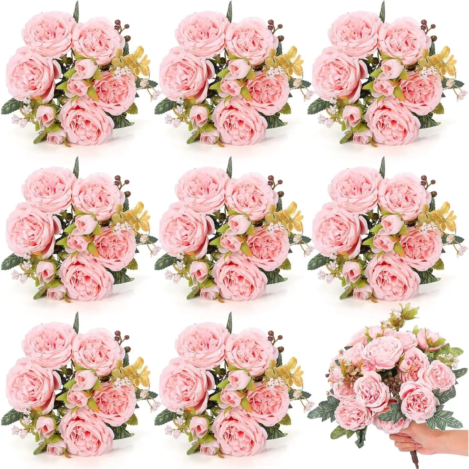8-Pack Faux Silk Peony Decorative Centerpieces, Boho Floral Decor Artificial Pink Flower Arrangement, Spring Bouquet for Vase, Wedding Home Supplies