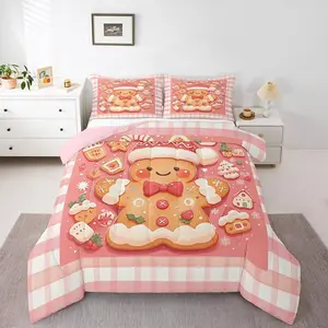 Gingerbread Man Comforter Set,Kawaii Bow Hat Pink Grid Bedding Set,Kids Boys Men Room Decor,Merry Christmas Down Comforter Soft Duvet Insert