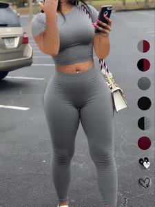 two-piece set women's solid crop tee & skinny pants, casual fashion cozy breathable round neck short sleeve top & trousers for daily outdoor wear, ladies clothes for spring & fall, chic outfit