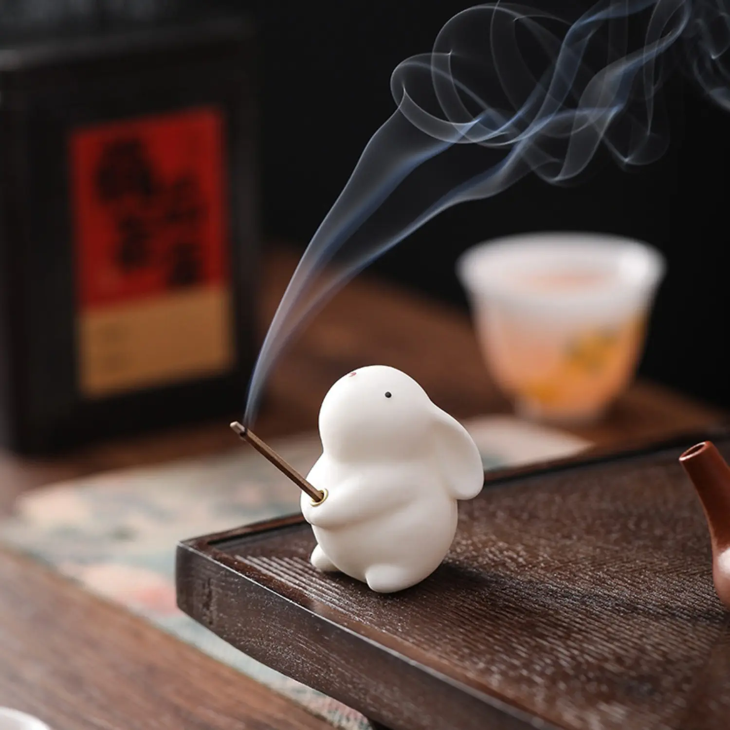 Cute Little Rabbit Ceramic Ornament - Scented Aroma Blend Incense Holder, Fragrance Tray, Home Indoor Stand, Tea Ceremony Accessory, Camping & Hiking Hammock Decor, Perfume Tray, Handcrafted, Rabbits, Single, One Piece