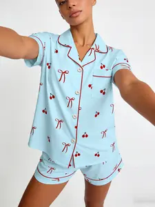 Blue Cherry Bow Print Sleepwear Set, Women's Short Sleeve Shorts Cardigan Pajama Two-Piece, Comfortable Home Wear for All Seasons