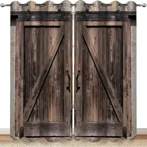 2pcs Deep Vintage Barn Door Curtains, Retro Wood Grain Print, Polyester Light Blocking Fabric, Easy Clean, Farmhouse Decor, Home Decoration Curtain