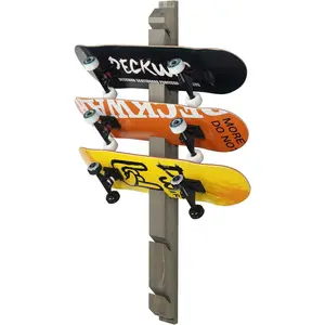 Modern Wall Mounted Rustic Burnt Solid Wood Skateboard Display Rack, Hanging Longboard Storage Organizer with Diagonal Cutout Slots, Holds 6 Boards