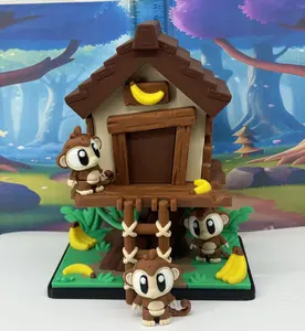 3pcs Articulated Monkey Treehouse Playset, 3D Printed Poseable Monkey Figures, Jungle Desk Toy