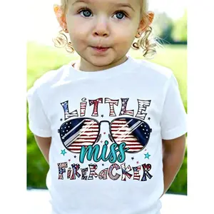 American Independence Day New Style Girls' T-Shirt Little Miss Firecracker with Patriotic Glasses Print - Comfortable Breathable Round Neck Short Sleeve T-Shirt for Boys and Girls