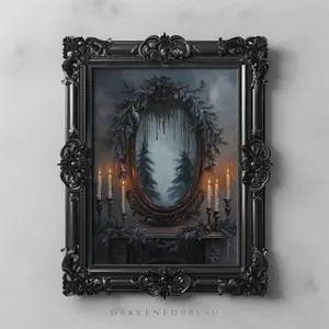 Gothic Christmas Mirror Art – Festive Pine Garland & Candle Mantel Print, Witchy Holiday Decor, Dark Academia Winter Art, Room Decor, Unframed