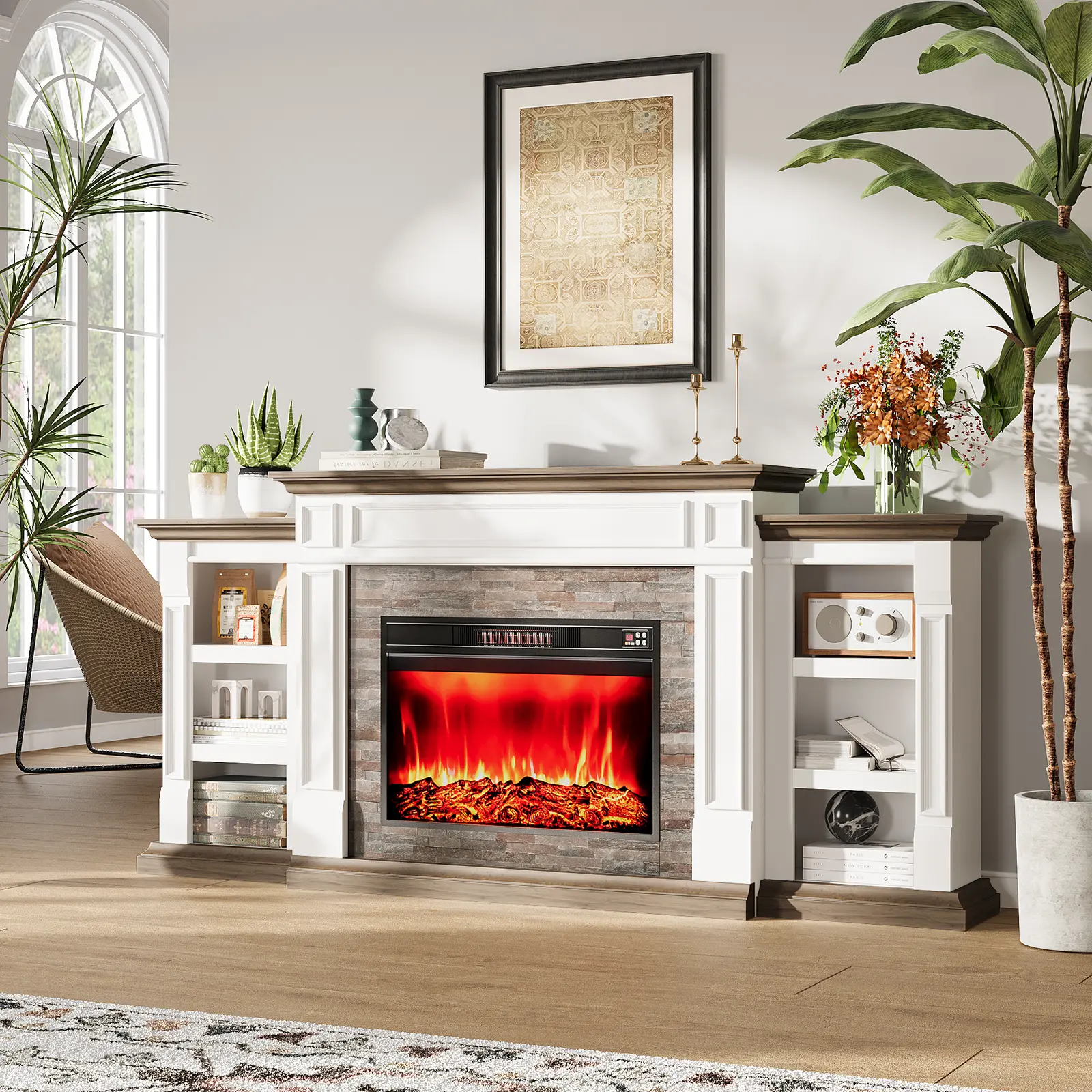 80-inch electric fireplace with mantel, farmhouse-style TV cabinet with 30-inch fireplace (suitable for TVs 90 inches and under), Farmhouse Entertainment Center with Storage,Realistic Stacked Stone Surround  for Living Room, Bedroom, white/brown/black