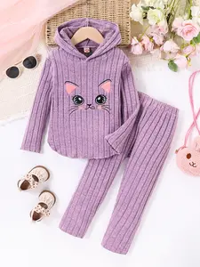 Girl's Autumn Cute Kitten Printed Long Sleeve Hooded Ribbed Top Splicing Casual Comfortable Soft Pants Two Piece Set Suitable for Daily Wearing and Party Gifts