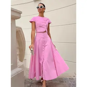 Women's French-style Pink Two-Piece Suit Elegant A-line Long Skirt Set Vintage Top & Skirt 100% Polyester Fiber Spring/Summer Clothes Womenswear
