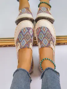 Bohemian Geometric Woven Mules for Women, Ethnic Pattern Closed Toe Slip-On Slippers, Soft Sole Lightweight Casual Slides for Daily Wear