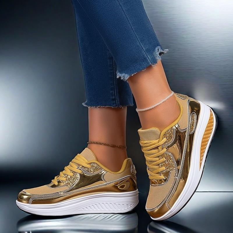 Women's Glittery Golden & Yellow Sneakers - Lightweight, Breathable Mesh Upper, Comfortable EVA Sole for Walking, Running, Yoga & Casual Wear
