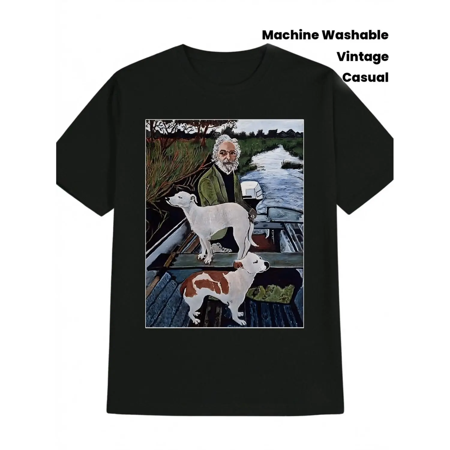 Men'S Casual T-Shirt Featuring a Print of a Bearded Man Fishing with a Dog on a Boat - a Black And White Vintage Style Tee, Round Neck Summer Fishing Travel Shirt, Perfect for Casual Wear - an Ideal Gift for Men, Machine Washable