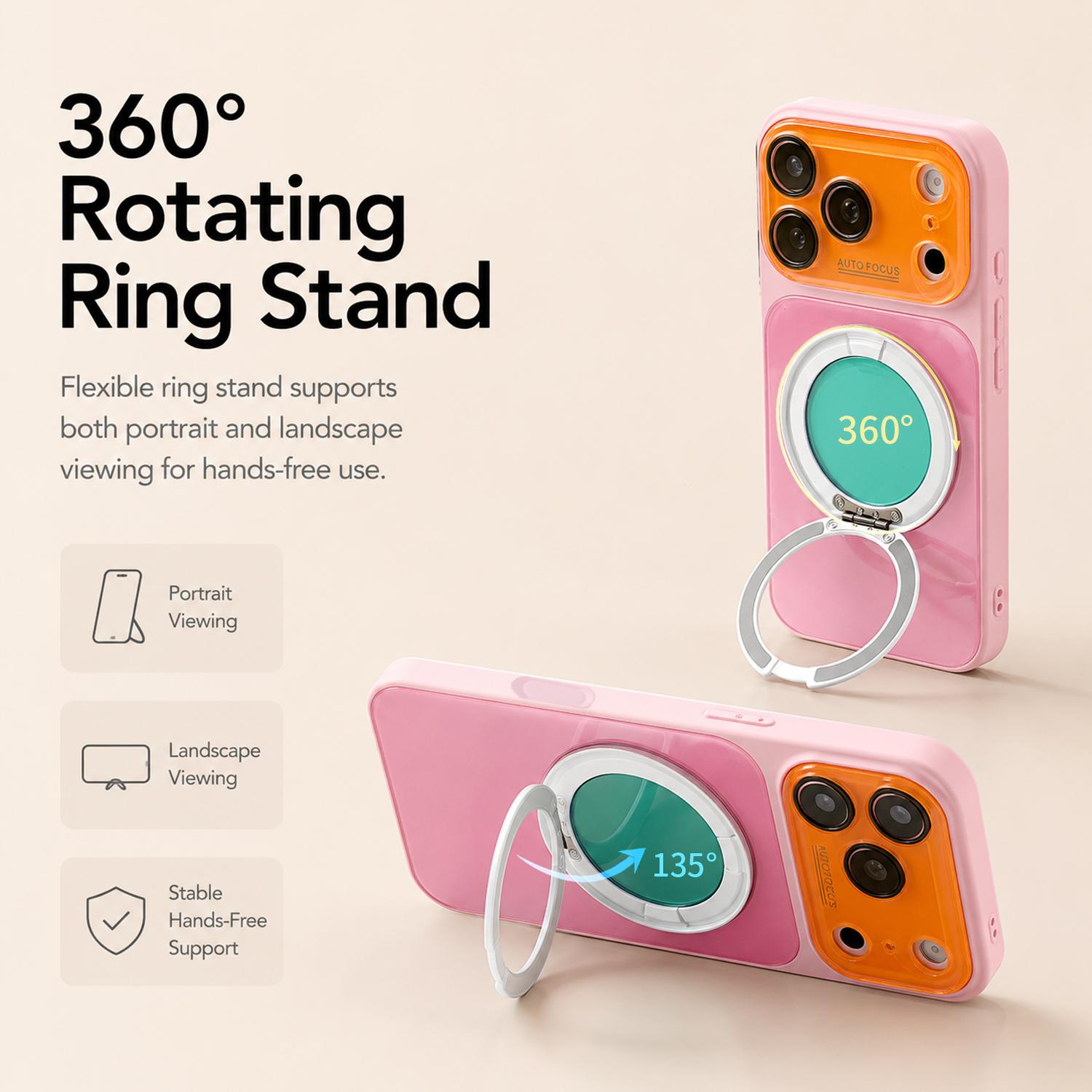 Dopamine Colors Magnetic Case for iPhone 17 16 15 14 Pro Max, with 360° Rotating Ring Stand, Colorblock Glossy Shockproof Cover with Full Camera Protection, Wireless Charging Compatible with MagSafe, Best Gift for Women Girls