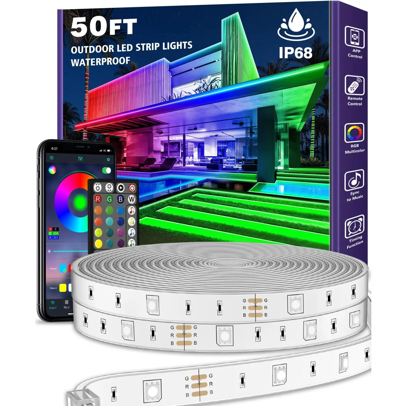 Outdoor LED Strip Lights Waterproof,Music Sync RGB IP68 Outside Led Light Strips Waterproof with App and Remote,Exterior Led Rope Lights for Deck,Balcony,Roof,Garden,Pool (50FT) homemakeover