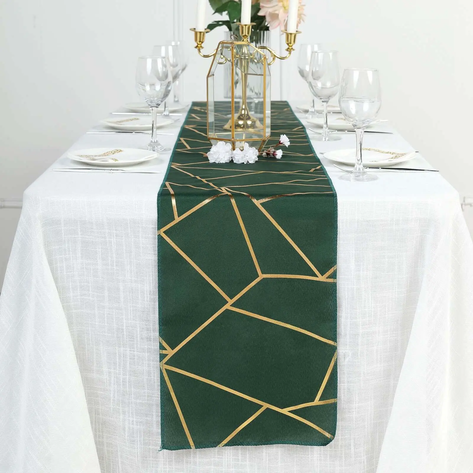 Polyester Table Runner 9ft Hunter Emerald Green with Gold Foil Geometric Pattern