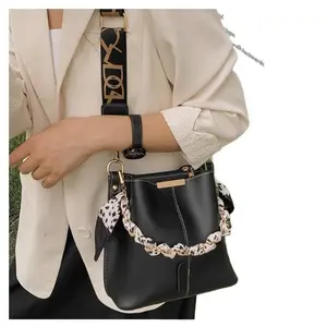 Aesthetic Neutral Bucket Bag with Chain Detail - Multi-Way Shoulder/Crossbody/Handheld Tote, Ideal for Work, School & Travel,Women Crossbody Bucket Bag, PU Leather Shoulder Handbag, Adjustable Strap, Everyday Casual Purse